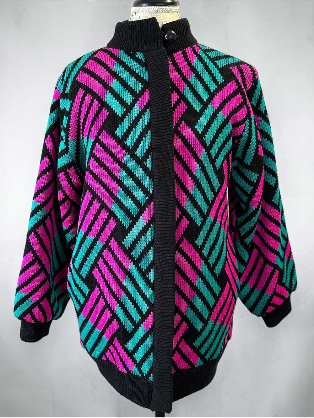 Vintage 80s Chori Oversized Colourblock Geometric Knit Bomber Jacket Pink Teal S - Picture 6 of 10